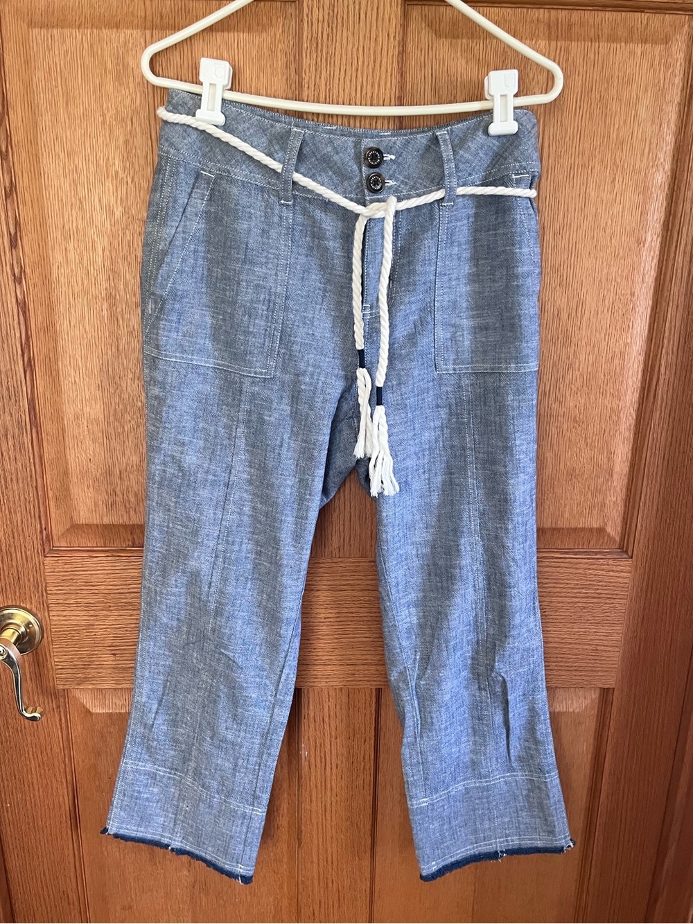 Aventura Casual Blue cotton frayed hem Blend Pants with Rope Belt